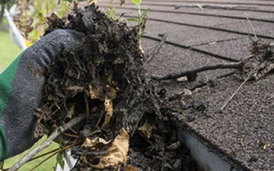 person cleaning gutters using gutter cleaning tools